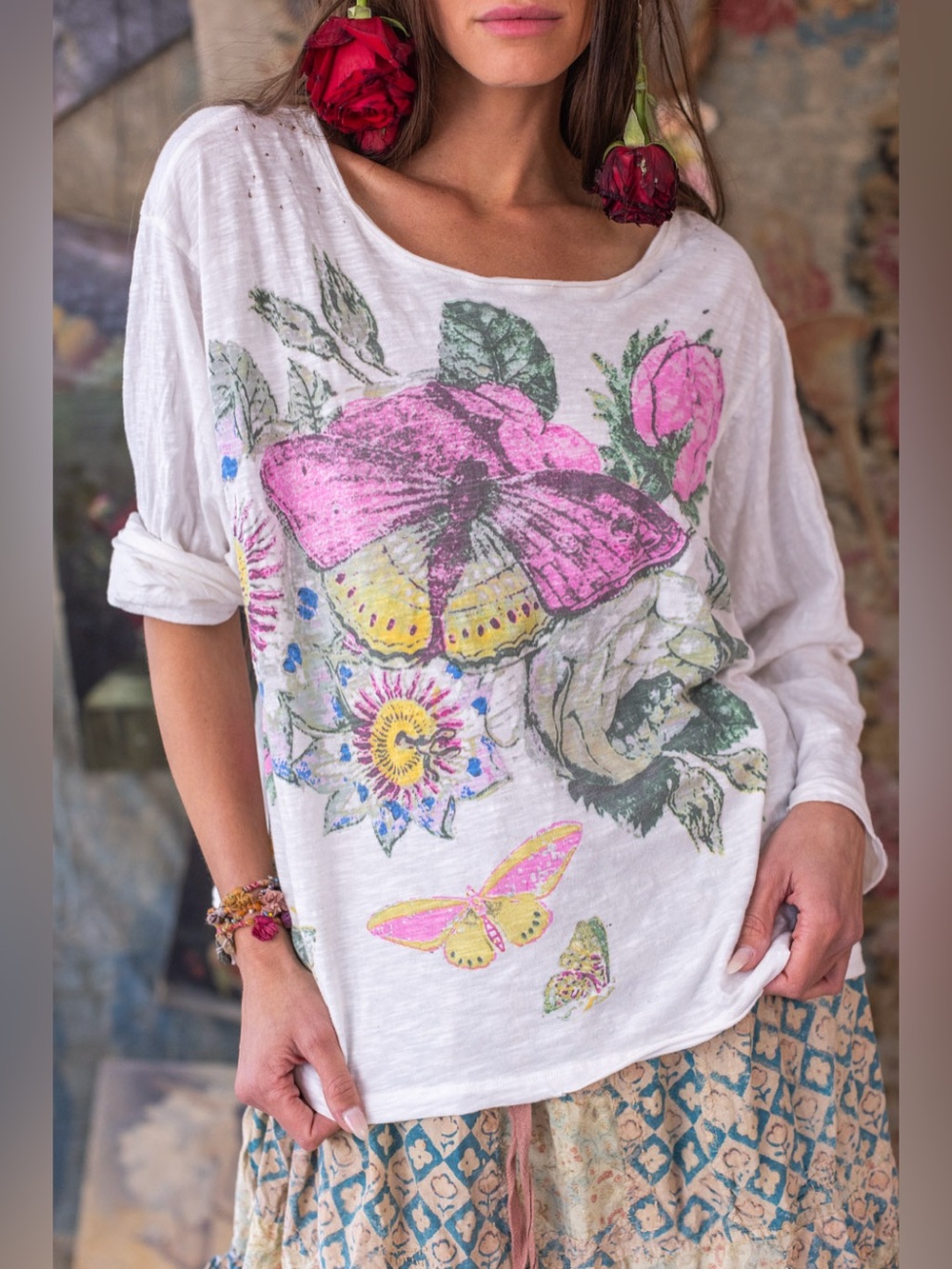 Magnolia Pearl distressed White long sleeve Tee with butterfly Graphic